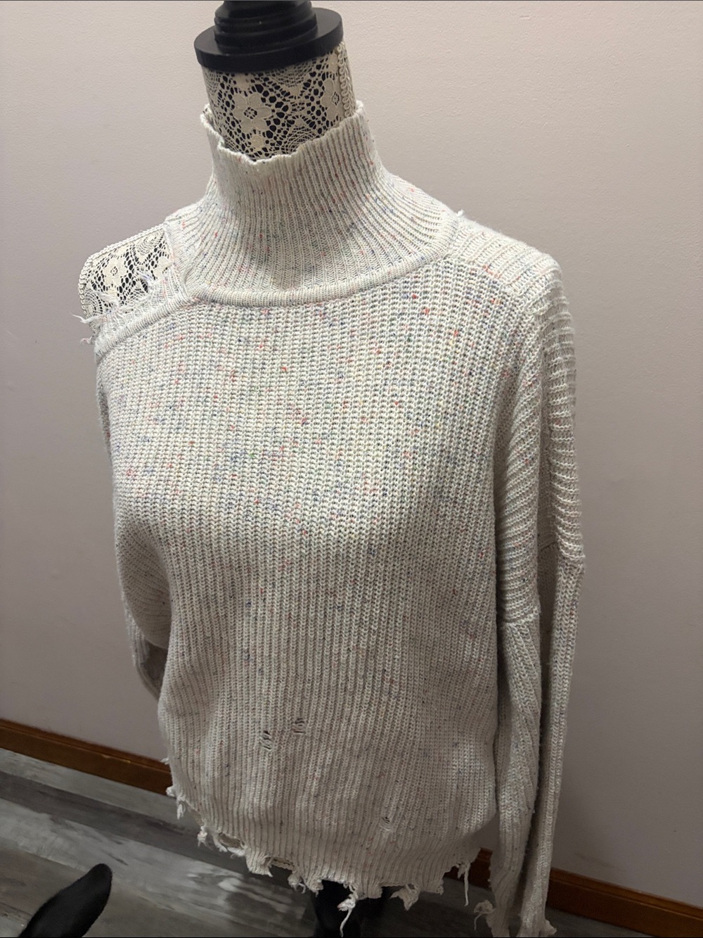 Women's Cream Distressed Funnel Neck Sweater